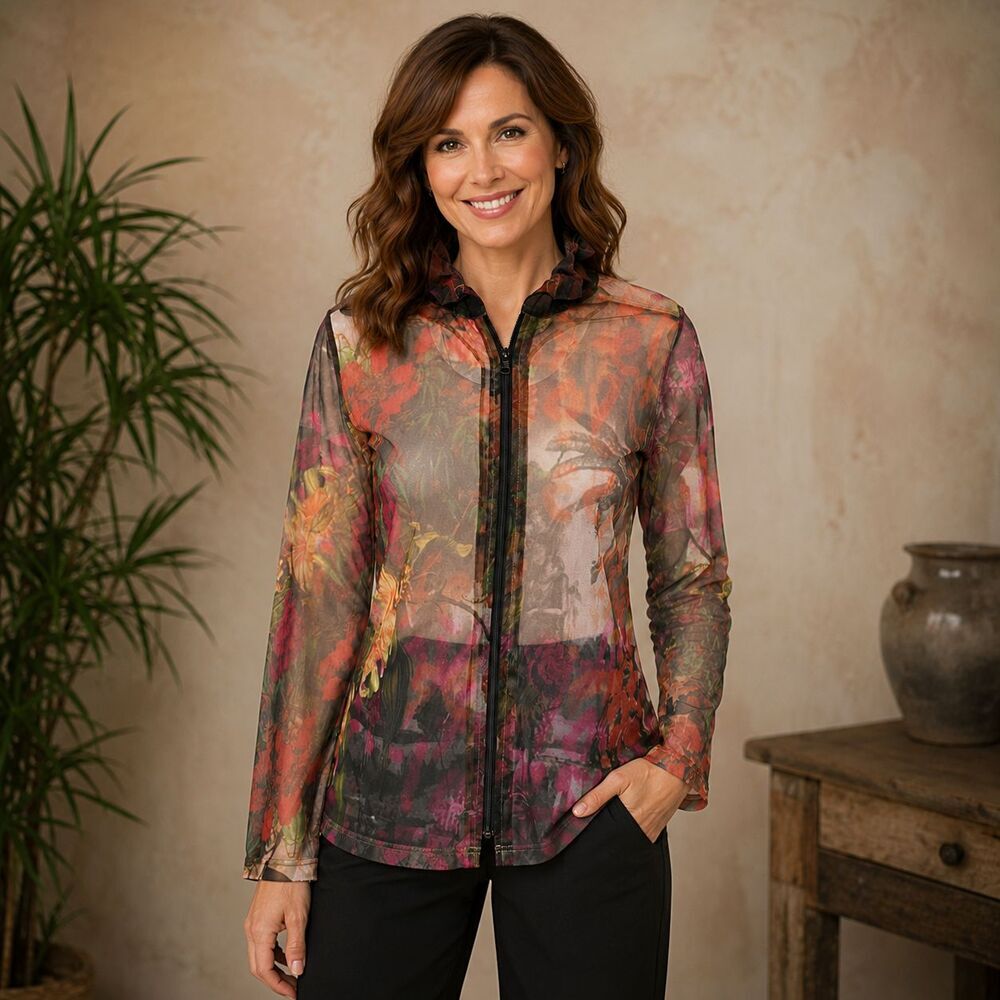 Parsley & Sage Sheer Mesh Watercolor Floral Zip Topper Jacket Artsy Size S